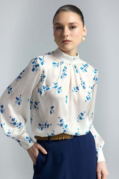 Sateen Μπλούζα με φλοράλ σχέδια - Ίντιγκο
