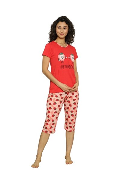 Serena Pijama dama din bumbac, imprimeu capsuni, maneca scurta si pantaloni 3...