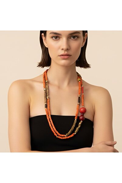 COCOSH TAKI Orange and red gold detailed multi-long design necklace.