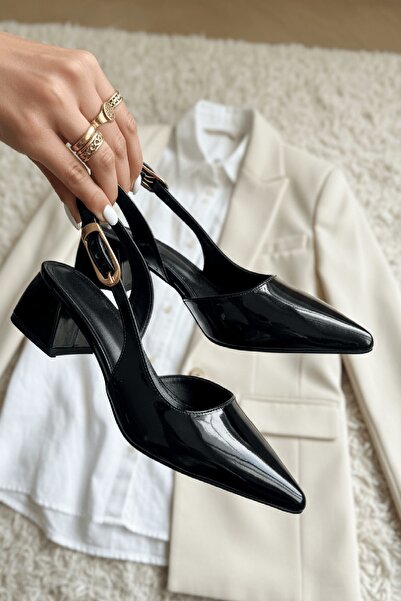 DİVOLYA Pantofi balerini cu toc din piele lăcuită Aura neagră (tac de 4 cm), ...