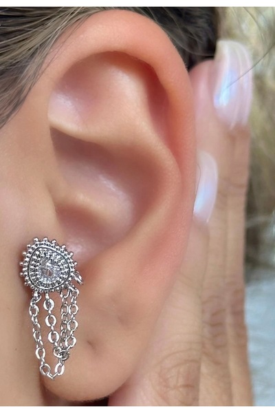 Mimoza Accessories Çelik Tragus Küpe Zirkon Taşlı Zincirli – Gümüş Renk Minim...