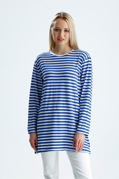 Rawanda Γυναικείο ριγέ μακρυμάνικο χτενισμένο βαμβακερό τουνίκ σε μεγάλο μέγεθος