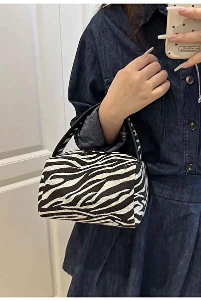 Mimoza Accessories Zebra Patterned Women's Makeup Bag with Hand Holder Cosmet...