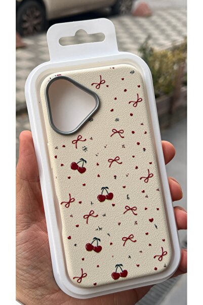 EDELFU iPhone 16 Compatible - Cream Serrated Silicone Cover Red Cherry Printe...