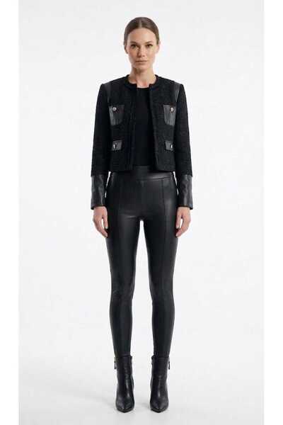 Niora Moda Siyah Deri Toparlayıcı Yüksek Bel Tayt