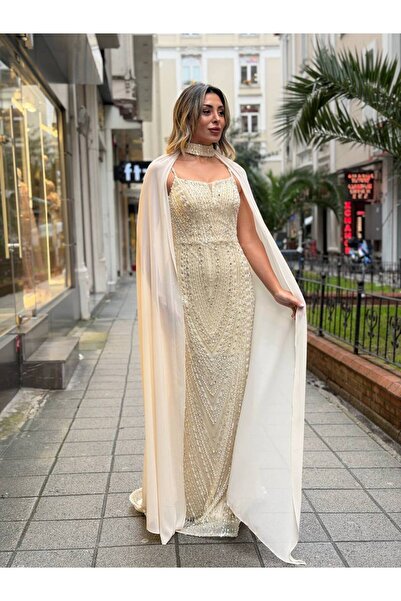 ESİN GİYİM omuz ve boyundan şifon kumaş pelerinli, komple taş ve ithal kumaşt...