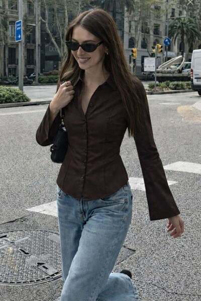 Köstebek Women's Spanish Sleeve Retro Poplin Shirt with Waist Tie