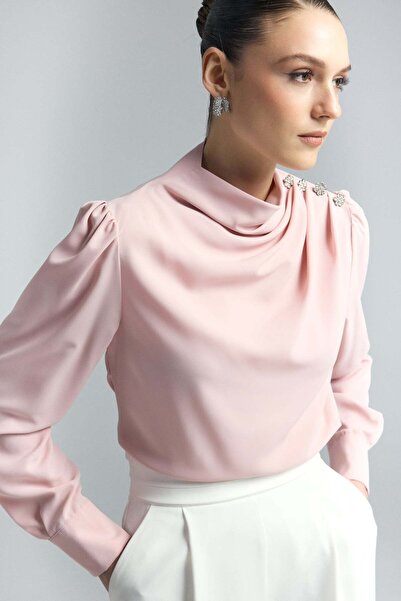 Sateen Buttoned Blouse with Stone Detail - Powder