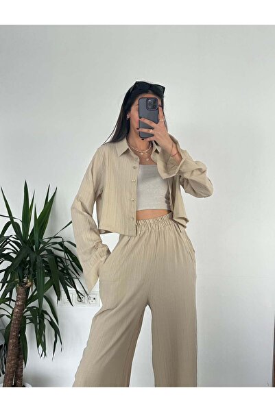 Lady Pixie SET CĂMAȘĂ ȘI PANTALONI CREAM GOFRE CROP