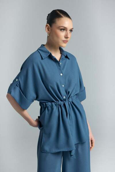 Sateen Πουκάμισο κιμονό με δέσιμο στη μέση - Ίντιγκο