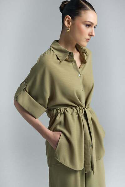 Sateen Πουκάμισο κιμονό με δέσιμο στη μέση - Χακί