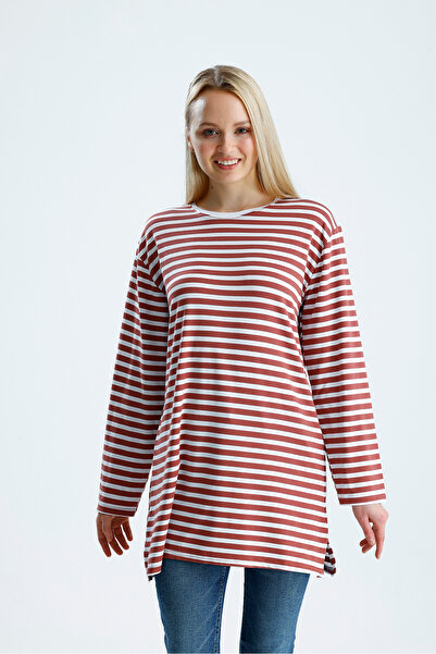 Rawanda Γυναικείο ριγέ μακρυμάνικο χτενισμένο βαμβακερό τουνίκ σε μεγάλο μέγεθος