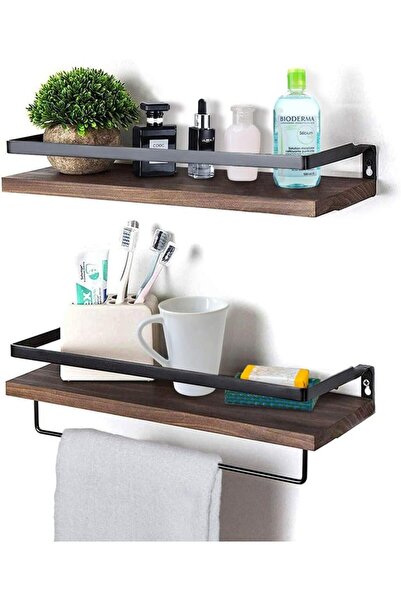 Anicoll Set of 2 modern suspended wooden wall shelves with metal bar, for bat...