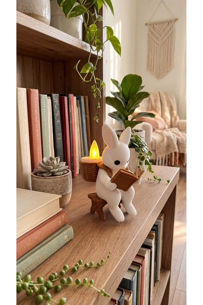 Fulmin Kitap Okuyan Tavşan LED Mumluk / Dekoratif Kitaplık, Salon ve Masa Üst...