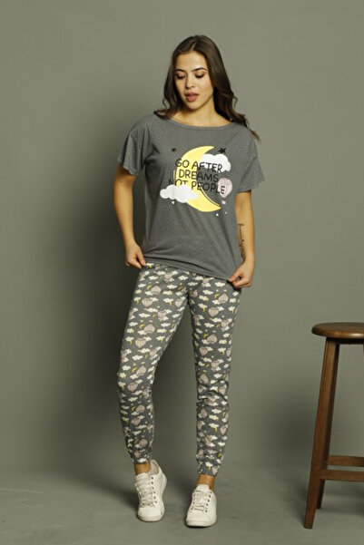 Serena Γυναικείες πιτζάμες, σκούρο γκρι χρώμα, με στάμπα  "Πάμε προς τα όνειρ...