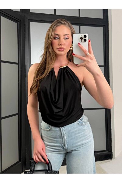 LİNDALİNA TEKSTİL Women's Sandy Blouse with Gold Ring Collar Detail