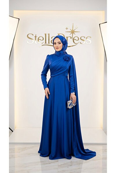Butik Gül Detaylı Pelerinli Saten Abiye Saks
