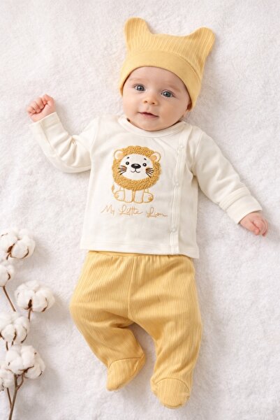 Pure Boutique Σετ νεογέννητου 3 τεμαχίων: κρεμ βαμβακερό κίτρινο ολόσωμο φορμ...