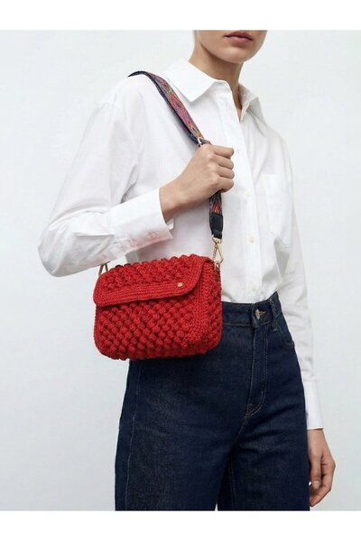 Ltb Червена ръчно изработена плетена чанта 24x16x6.3 см
