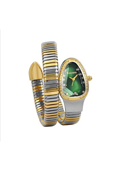 Brosha ساعة (BROSHA) نسائية بتصميم الثعبان الأيقوني لون ذهبي وفضي مصممه لتتحم...
