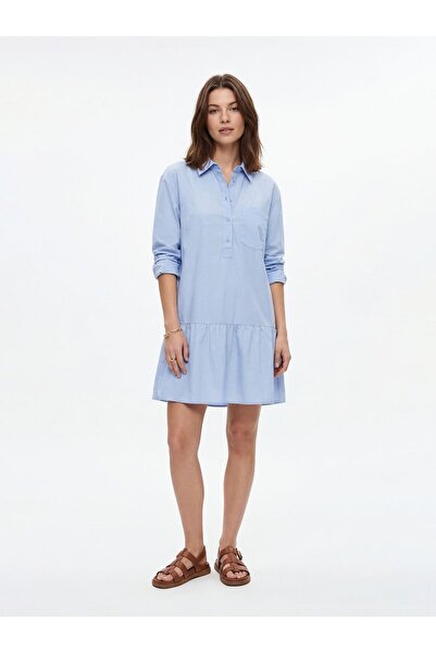 Ltb Светлосиня рокля с набрана яка на риза и копчета