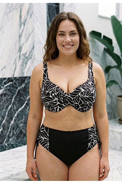 embody 2 Piece Swimsuit with Black and White Tropical Print and High Waist 6601