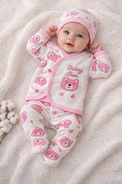 Pure Boutique Σετ νεογέννητου 3 τεμαχίων, βαμβακερό, λευκό-ροζ, κοριτσίστικο,...