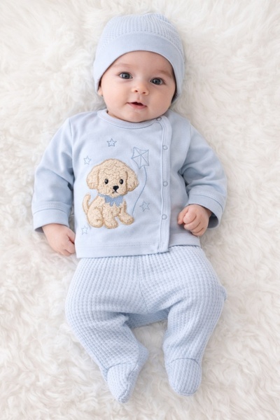 Pure Boutique Set bebe baiat 3 piese catelus bluza pantaloni si caciulita bleu