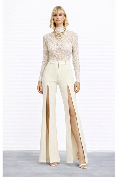 ALYEL NAKER Off-White Crepe Trousers with Double Slit Detail