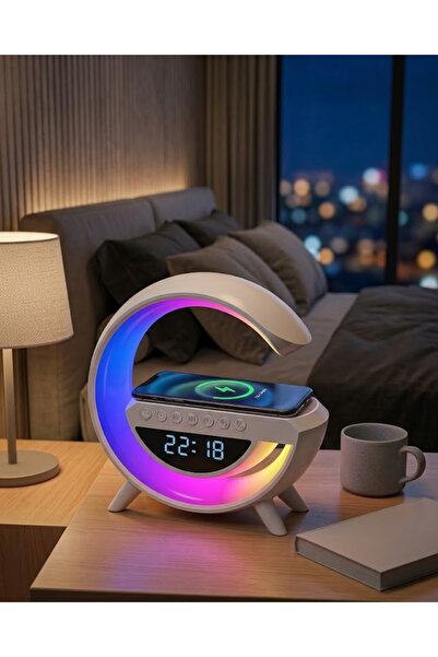 Lisinya Kablosuz Şarjlı LED Işıklı Masa Saati Bluetooth Hoparlör Alarm Fonksi...