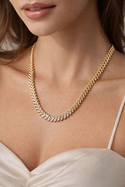 Accessories Hei Elegant Sparkle Gold Color Stone Detailed Women's Necklace