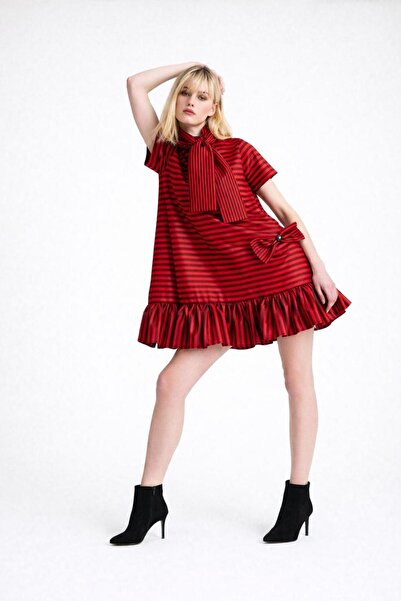 ALYEL NAKER Red&Black Striped A-Line Fit Short Taffeta Dress