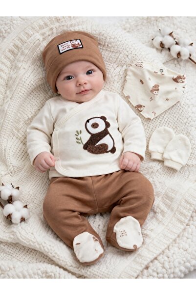 Pure Boutique Set bebe 5 piese panda bluza pantaloni caciula bavetica manusi ...