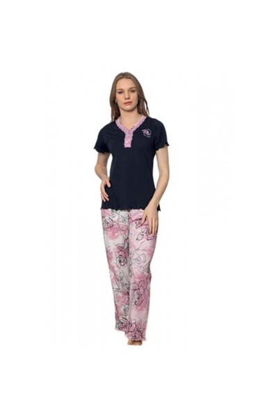 BOYRAZ Women's pajama set with leaf print, short-sleeved blouse and long pant...