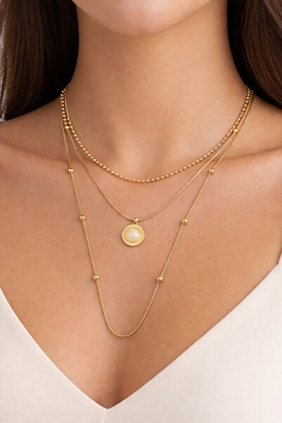 laria jewelry Top Chain Detailed White Pearl 3-Piece Necklace