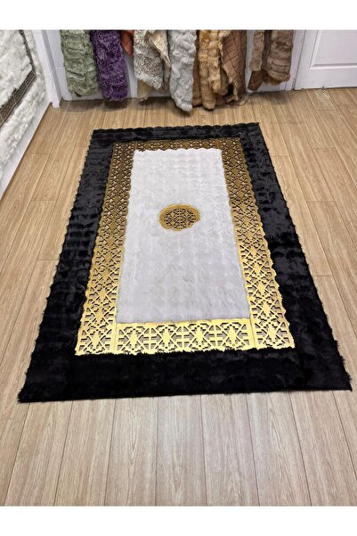 SANCAK DERİ HALI LÜKS GOLD LAZER KESİMLİ SİYAH&EKRU BUBBLE PELUŞ HALI