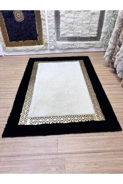 SANCAK DERİ HALI MODERN GOLD VARAKLI LAZER KESİMLİ SİYAH&EKRU PELUŞ HALI
