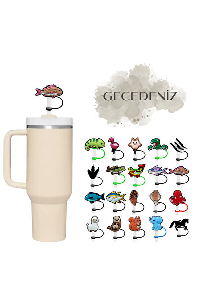 GECEDENİZ Thermos Compatible Straw Stopper Pink Fish Animal