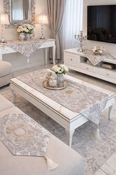 Ceki Home Salon Takımı 4 Parça Masa Üstü Runner Takımı Bade Model Çeyizlik Ka...