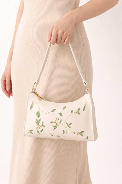 Esse Kadın Krem Nakışlı Baget Kol Çantası Çiçek İşlemeli Omuz Çantası