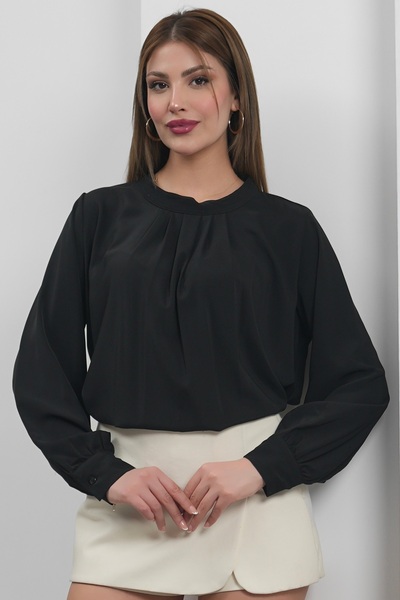 Hisleria بلوزة بياقة دائرية مطوية - أسود