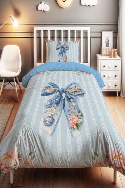 EVPANYA Blue Ribbon Patterned Single Baby Kids Bedding Set