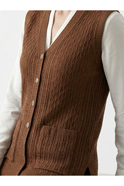 tiriTEK TRİKO Hair Braid Patterned Knitwear Vest / Brown
