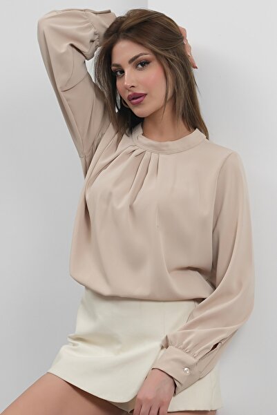 Hisleria بلوزة بياقة دائرية مطوية - بيج