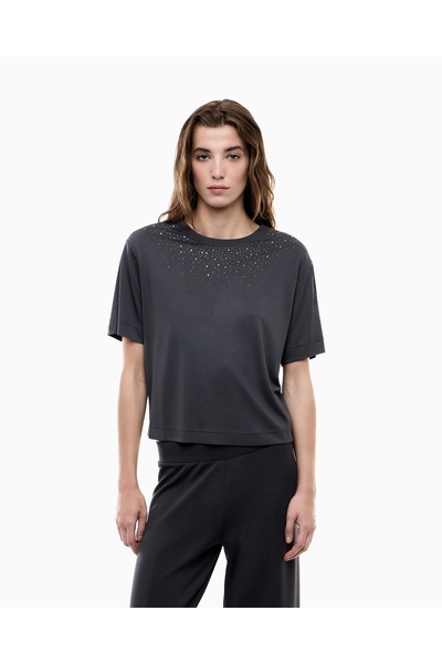 EA7 Women's Comfortable Fit Rhinestone Stone Detailed Round Neck Short Sleeve...