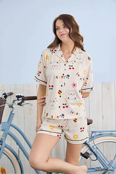 Pijamoni Women's Milan Fabric Shirt Collar Printed Beige Pajama Set