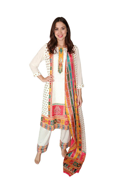 Generic Women's Salwar Kameez with Dupatta, White Multicolour Ethnic Wear, Tr...