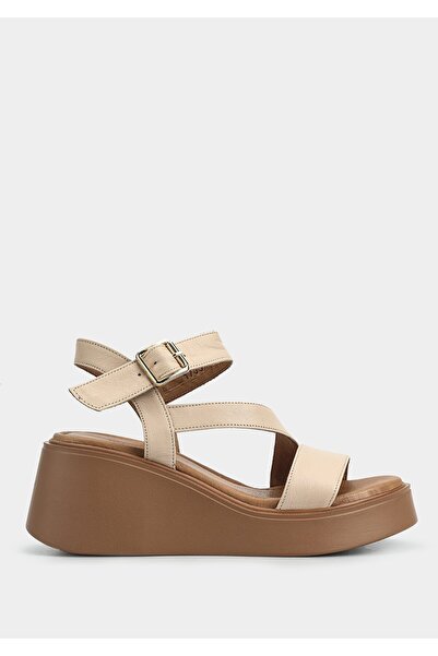 Provoq Beige Leather Women's Heeled Sandals