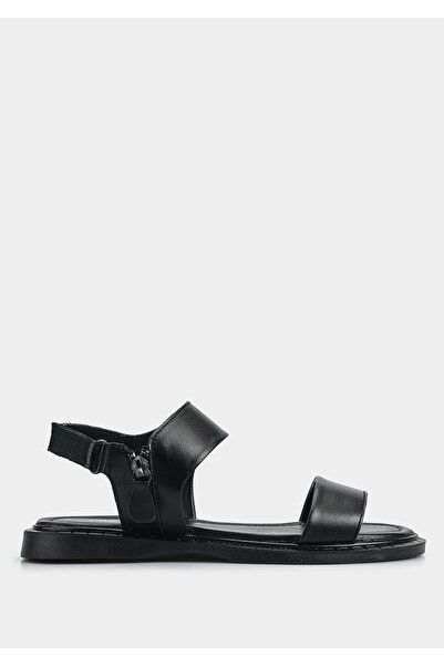 Provoq Black Leather Women's Flat Sandals