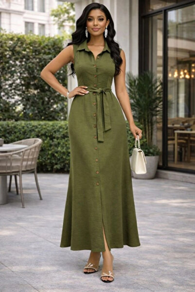 Butik Women's front buttoned belted maxi length aerobin fabric shirt dress